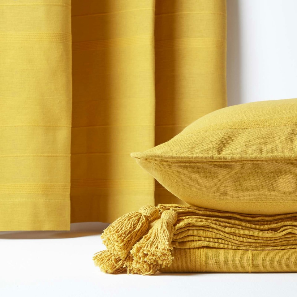 image 1 of Homescapes Cotton Rajput Ribbed Yellow Throw - 225 x 255 cm Yellow