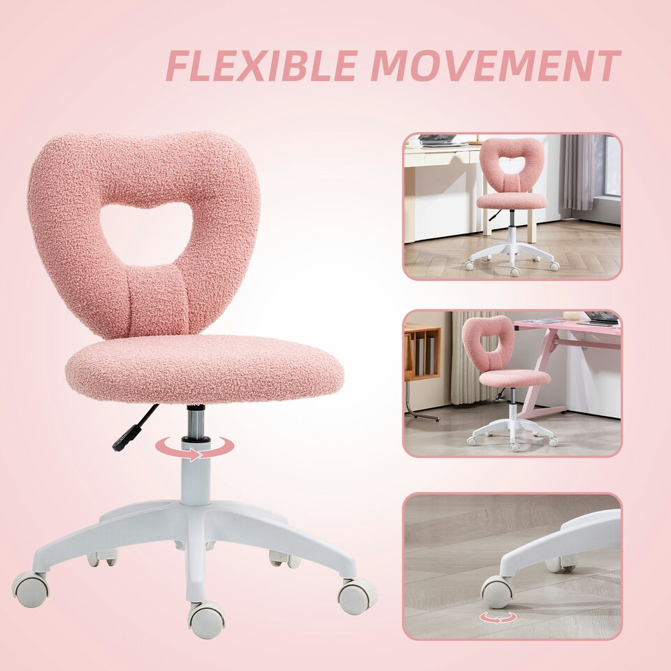 image 1 of HOMCOM Armless Heart Desk Chair, Makeup Vanity Chair for Home, Pink Pink