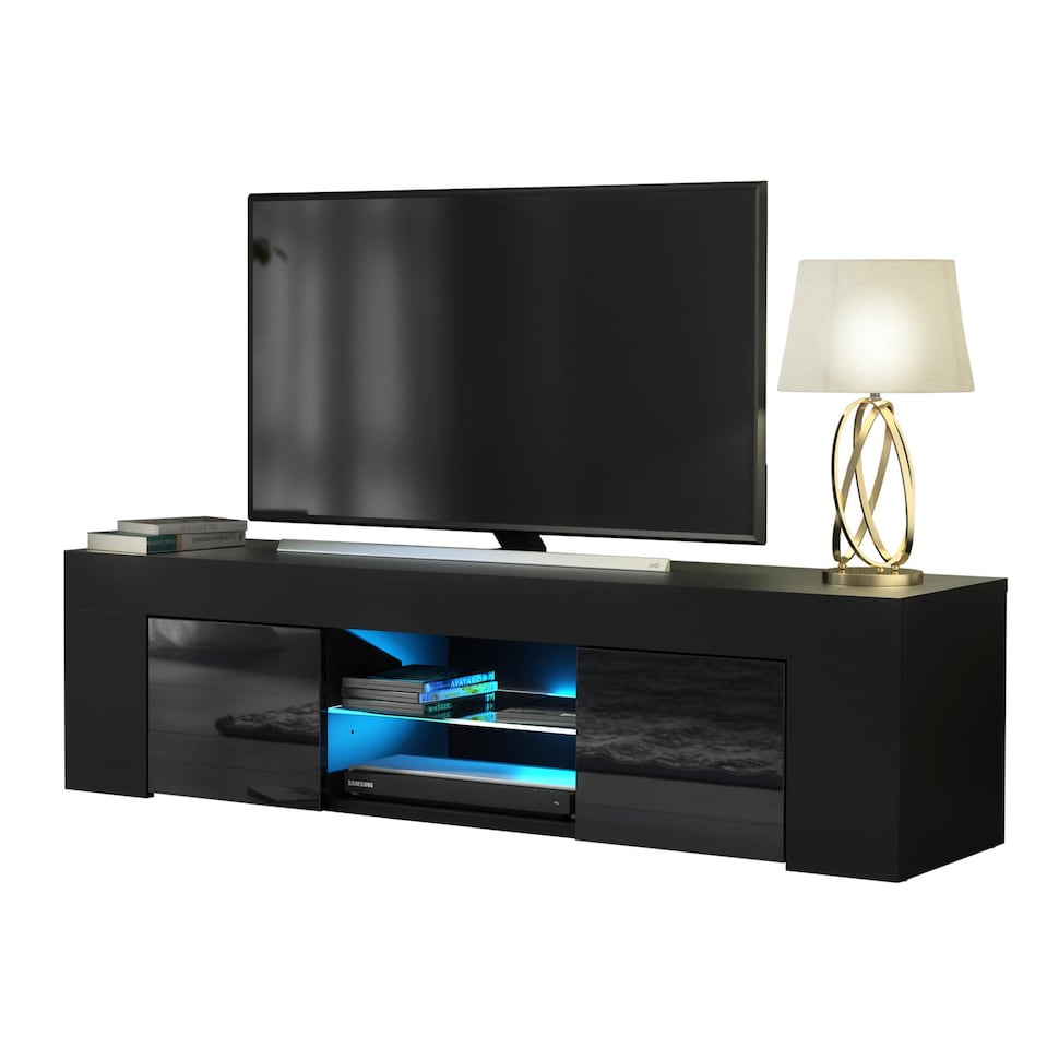 image 1 of TV Unit TV Stand Cabinet Sideboard Black High Gloss Doors Free LED 130cm