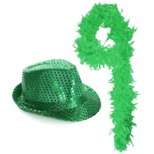 Pack Of 4 Green Sequin Trilby Hat & Feather Boa Green | One Size