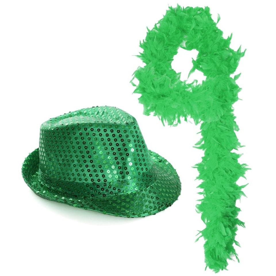 image 1 of Pack Of 4 Green Sequin Trilby Hat & Feather Boa Green | One Size