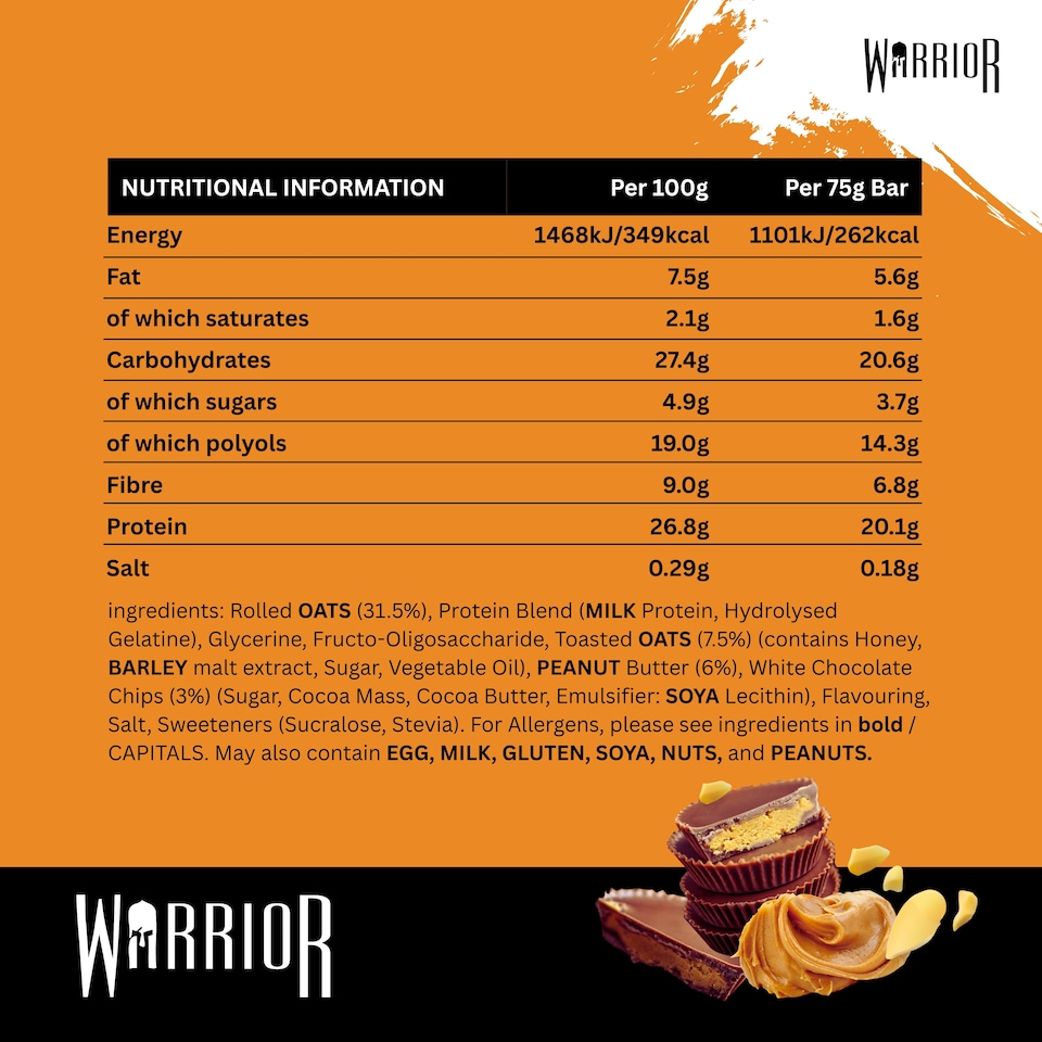 image 1 of Warrior RAW Protein Bars 12 x 75g – 20g High Protein Bar, Low Sugar High Fibre Oat Protein Flapjack – Protein Snacks, Meal Replacement Bars (Chocolate Peanut Butter)