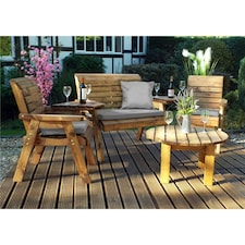Wooden 4 Seater Round Table Set With 1 x Bench Cushion Grey, 2 x Chair Cushion Grey & 1 x Scatter Cushion Grey