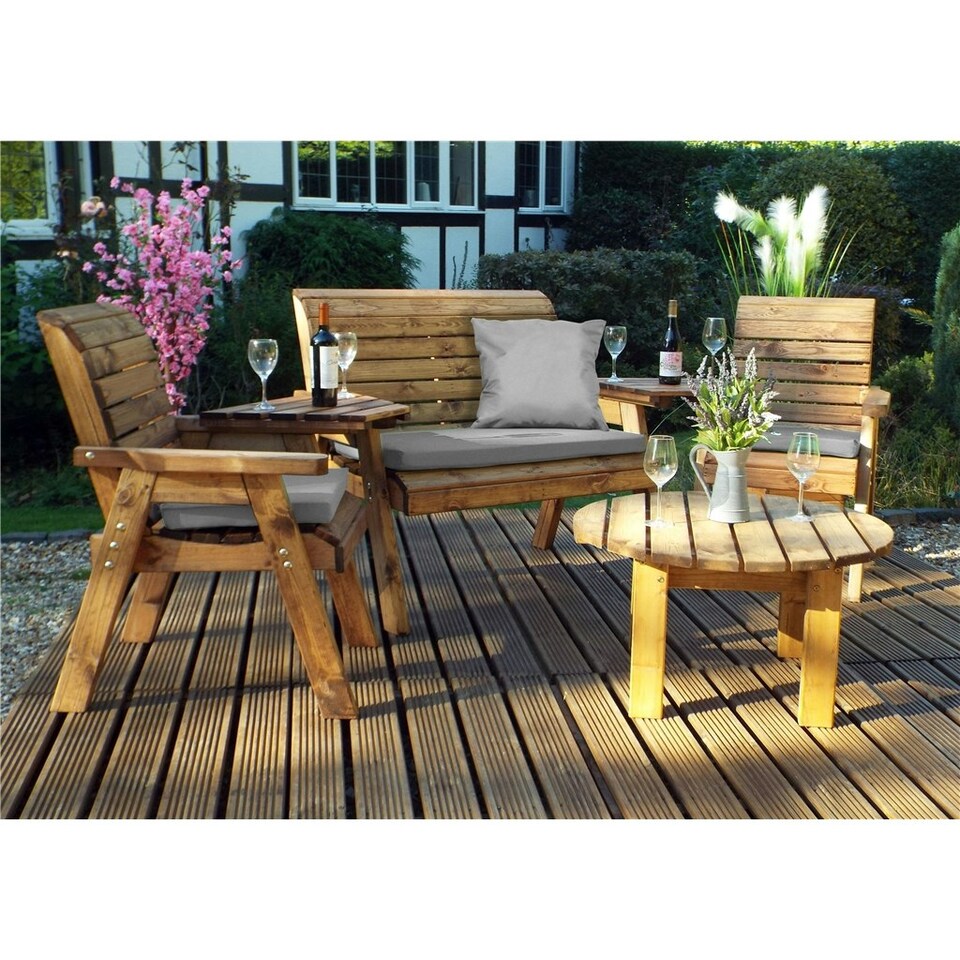 image 1 of Wooden 4 Seater Round Table Set With 1 x Bench Cushion Grey, 2 x Chair Cushion Grey & 1 x Scatter Cushion Grey