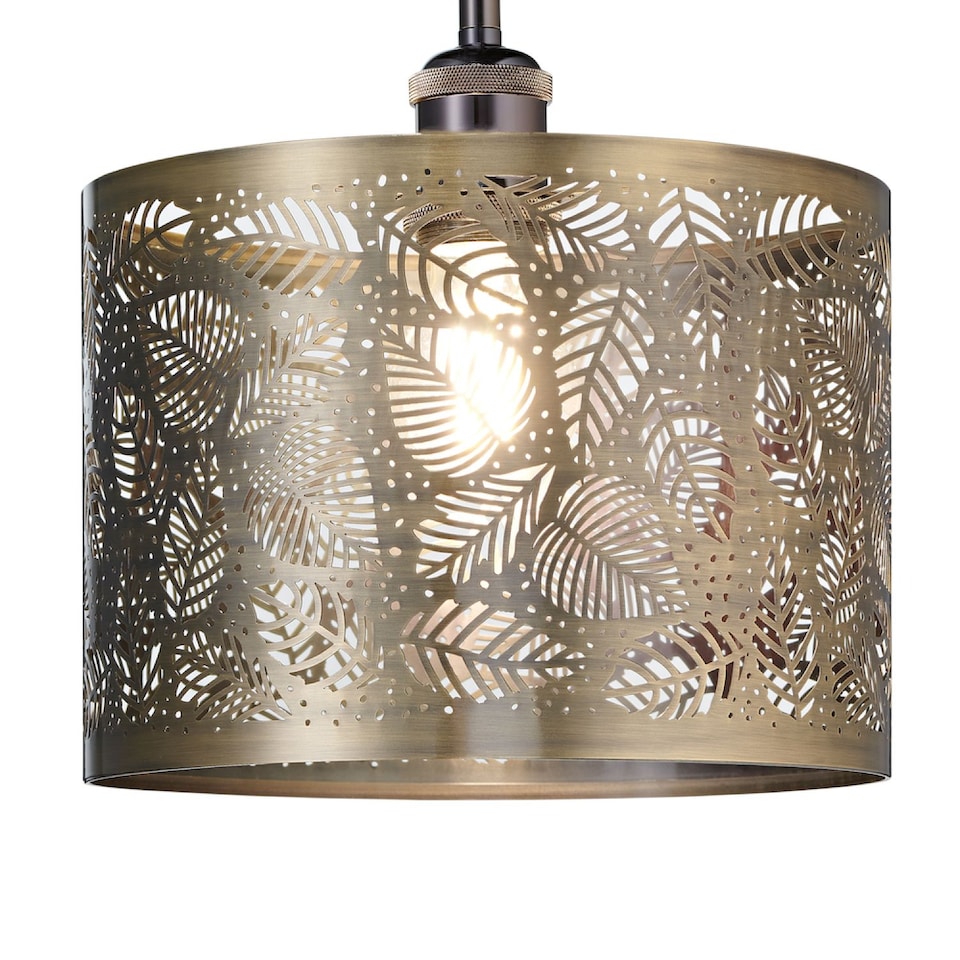 image 1 of Contemporary Antique Brass Metal Pendant Light Shade with Fern Leaf Decoration | Gold | Antique Brass | 1