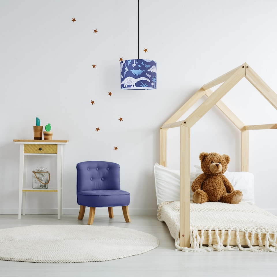 image 1 of Modern and Fun Dinosaur Themed Navy Blue and White Cotton Little Ones Lamp Shade | Blue