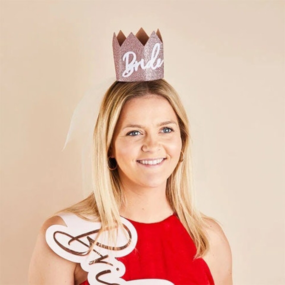 image 1 of Hen Party Rose Gold Glitter Bride Crown With Veil
