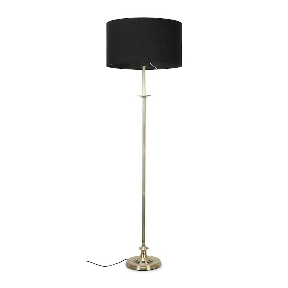 image 1 of ValueLights Belmont Sconce Brushed Gold Floor Lamp with Large Black Drum Shade | Gold