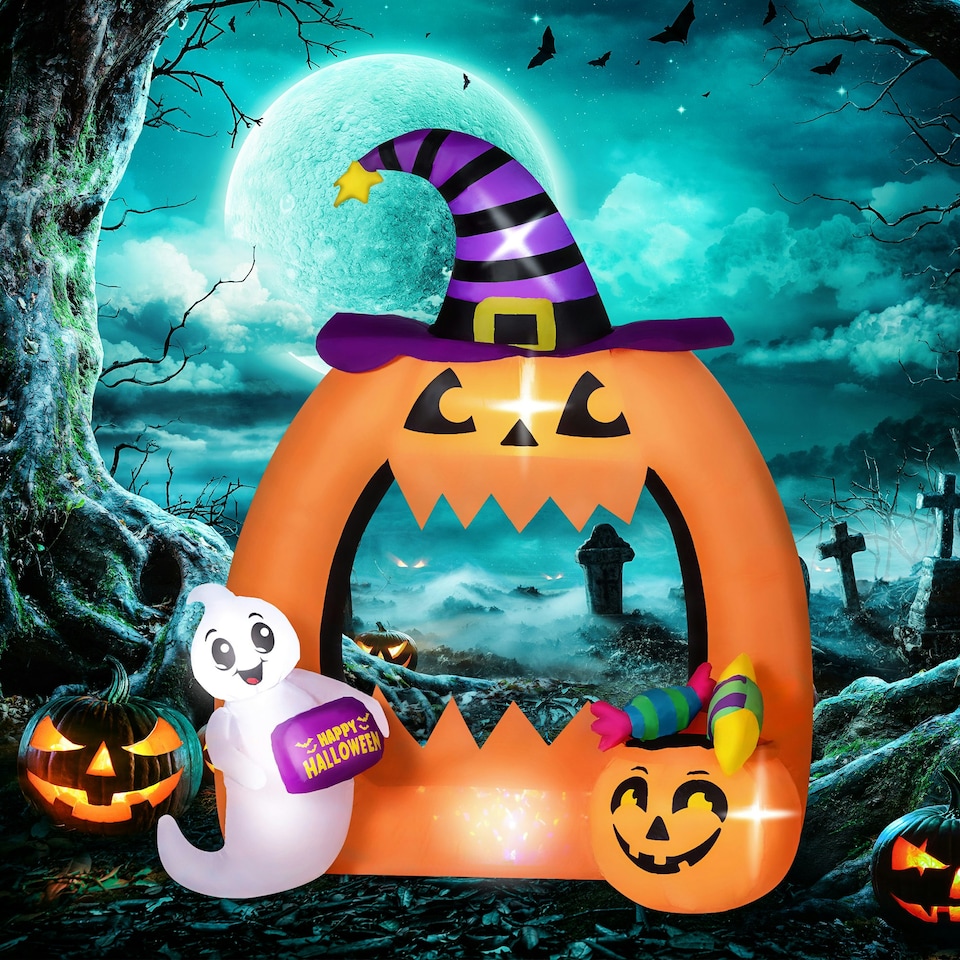 image 1 of Outsunny 4.9FT Tall Halloween Inflatable Pumpkin Archway w/ Cute Ghost