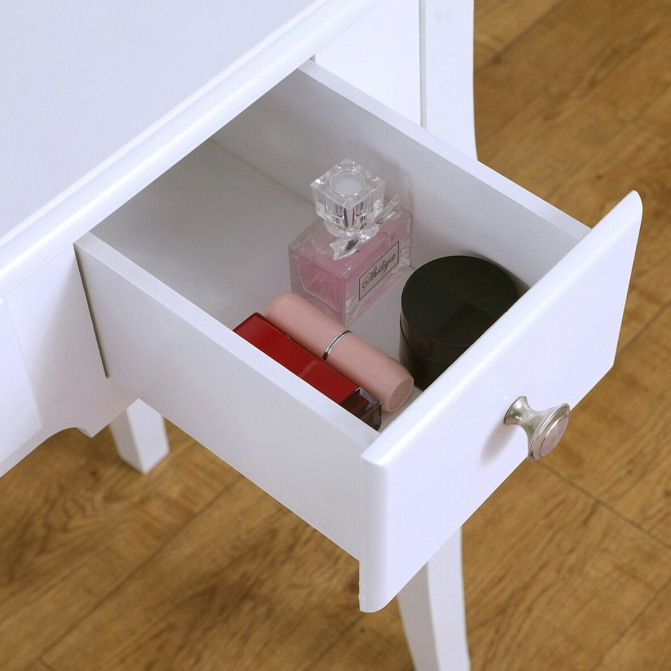 image 1 of 5 Drawer White Dressing Table With Round Mirror And Stool White
