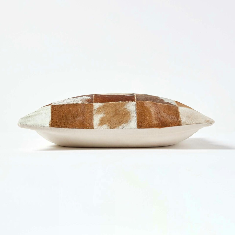 image 1 of Homescapes Beige and Cream Real Leather & Goat Hair Small Check Cushion with Feather Filling - 45 x 45 cm Cream
