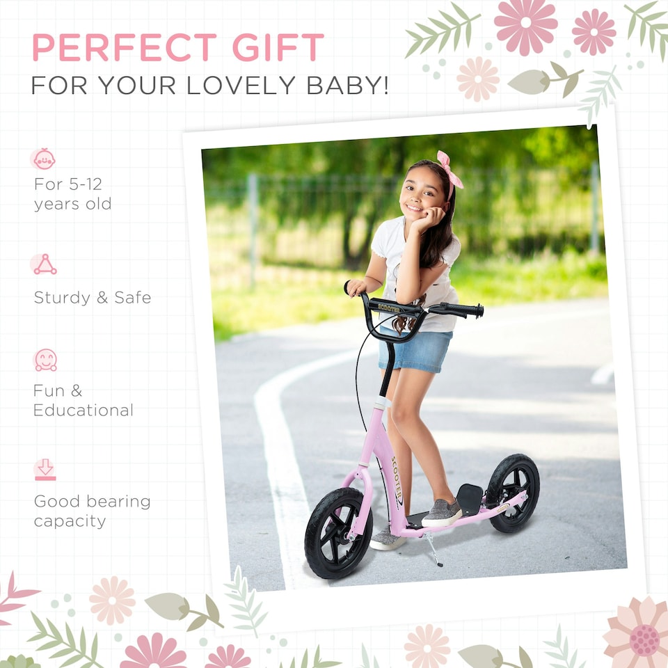 image 1 of HOMCOM Push Scooter, Teen Kids Scooter with 12" EVA Tyres, Pink