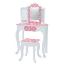 Teamson Kids Gisele Polka Dot Vanity Set with Tri-Fold Mirror