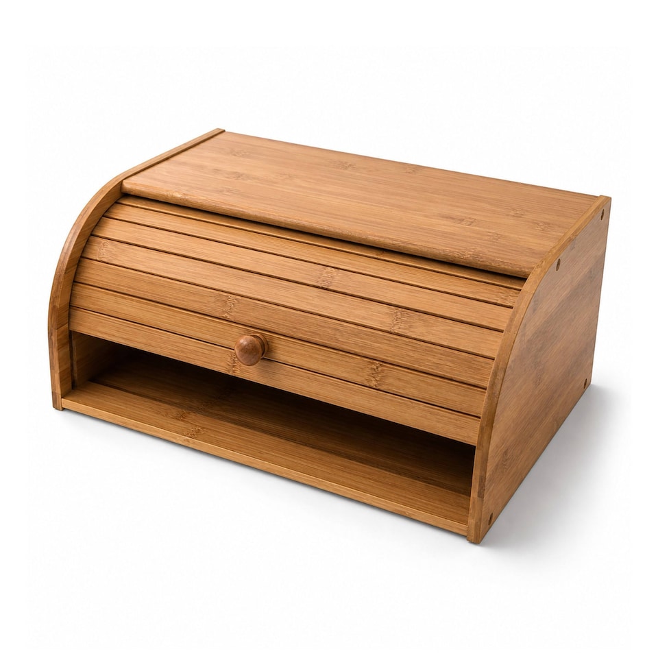 image 1 of Single Layer Roll Top Bamboo Wooden Bread Bin Kitchen Storage | Brown