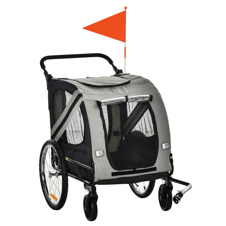 image 1 of PawHut 2-In-1 Dog Bike Trailer Stroller w/ Universal Wheel Reflector Flag Grey