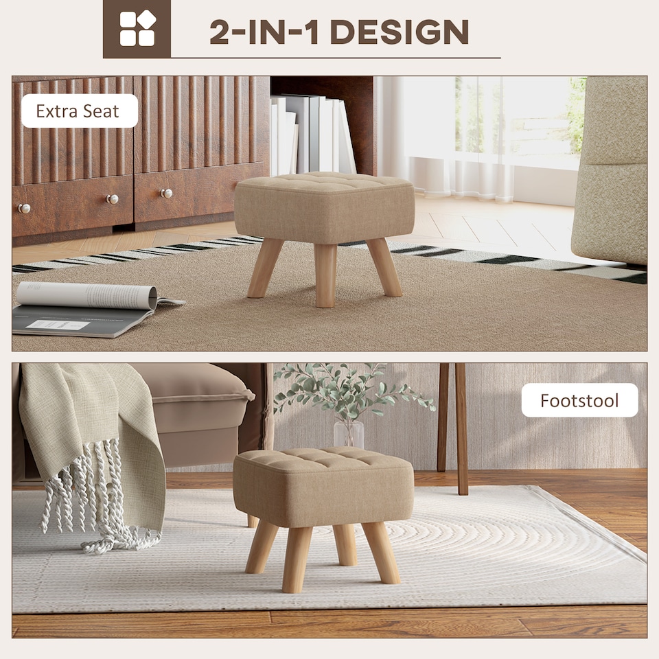 image 1 of HOMCOM Modern Tufted Footstool, Fabric Foot Stool with Rubber Wood Legs, Padded Seat, for Living Room, Bedroom, Entryway, Light Brown | Brown