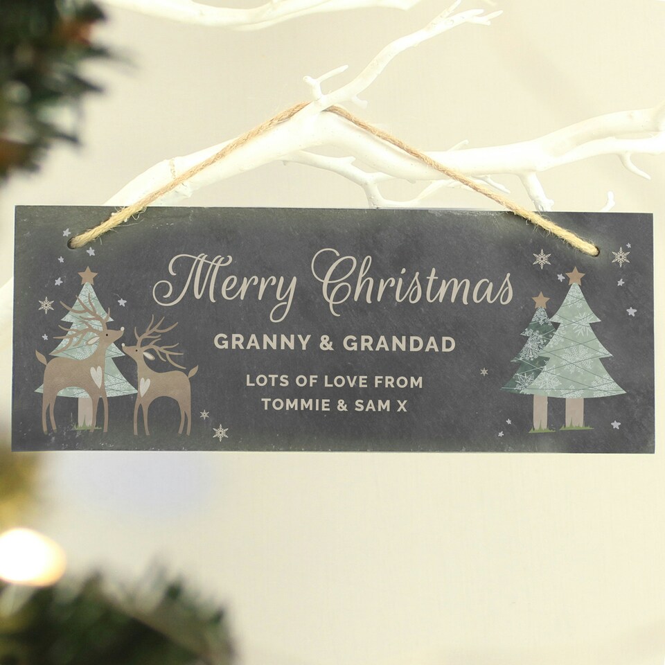 image 1 of Personalised Christmas Reindeer Hanging Slate Plaque