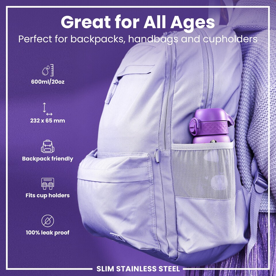 image 1 of Leak Proof Slim Water Bottle, Stainless Steel, 600ml (20oz) | Purple | Princess | One Size
