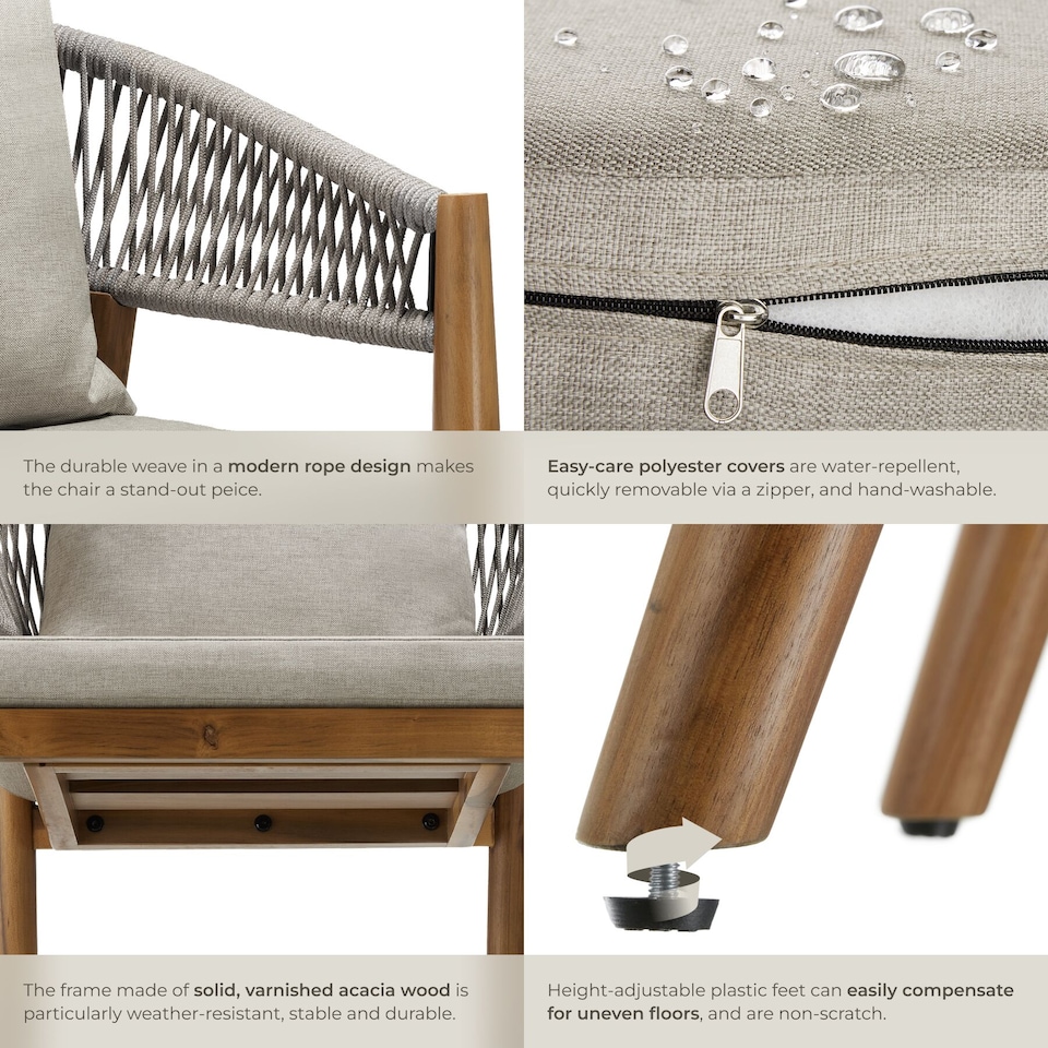 image 1 of Garden Chair Manacor in a Corded Design with Acacia Wood Frame and Matching Cushions | Grey | greige | One Size | 4