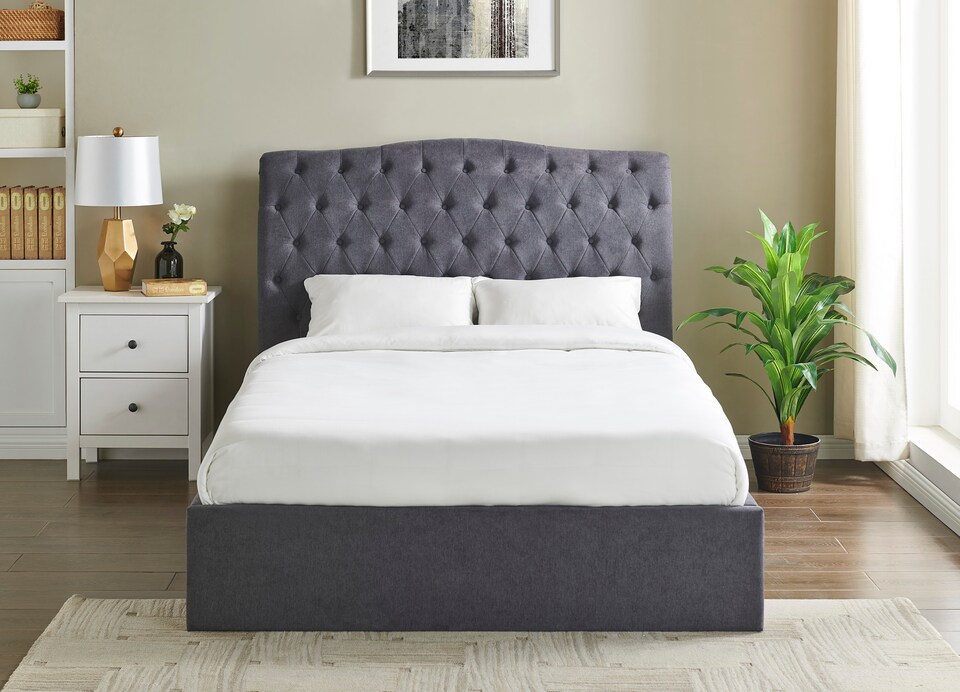 image 1 of 3ft Single Ottoman gas liftup storage bed frame,fabric upholstered, dark grey,buttoned back,curved bed frame,bedstead