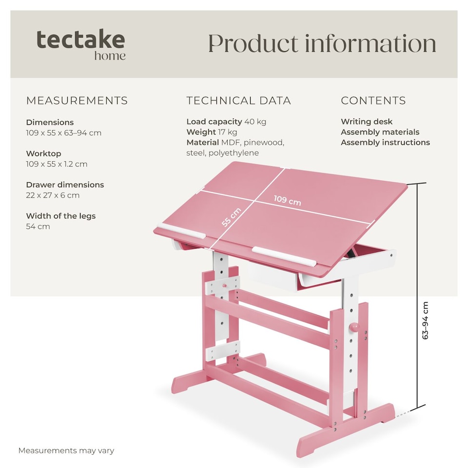 image 1 of Desk - for children, wooden, tiltable tabletop, 7 height settings, with drawer | Pink | pink | 109 x 55 x 94 cm | 1
