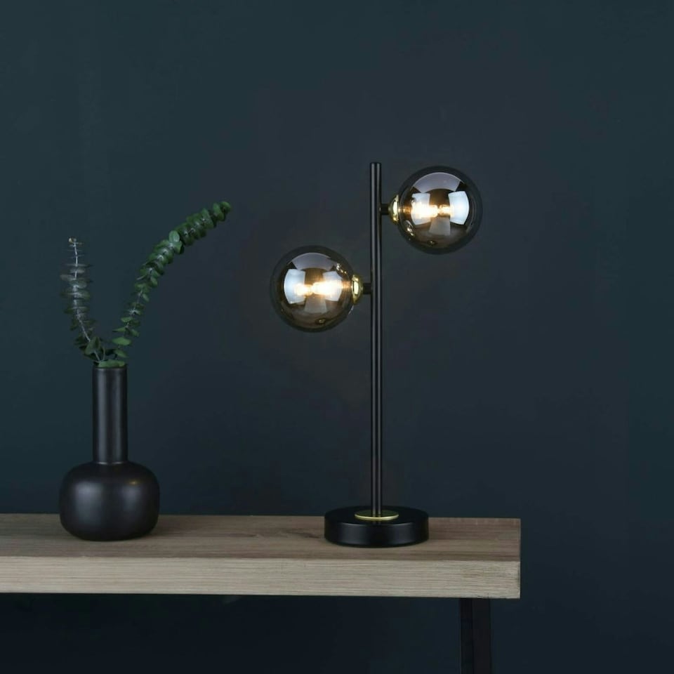 image 1 of Eaen 2 Light Black and Gold Table Lamp with Smoked Glass