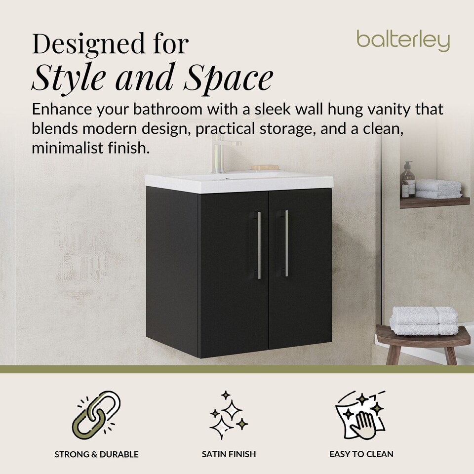 image 1 of Balterley Modern Bathroom 2 Soft Close Door Wall Hung Vanity Unit & Rectangular Mid-Edge Basin | Grey | Soft Black