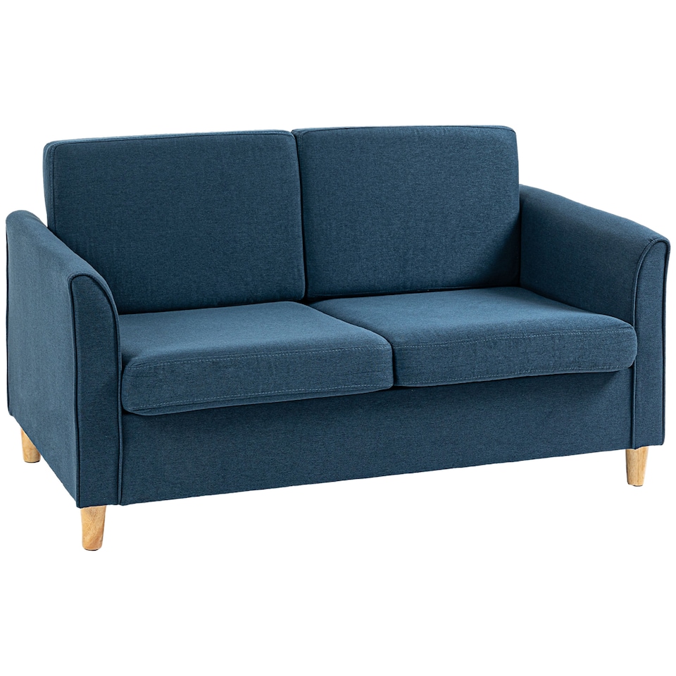 image 1 of HOMCOM 2 Seater Sofa, Compact Loveseat, Linen Upholstered Couch with Wood Legs and Armrest, Small Sofa for Living Room and Home Office Blue