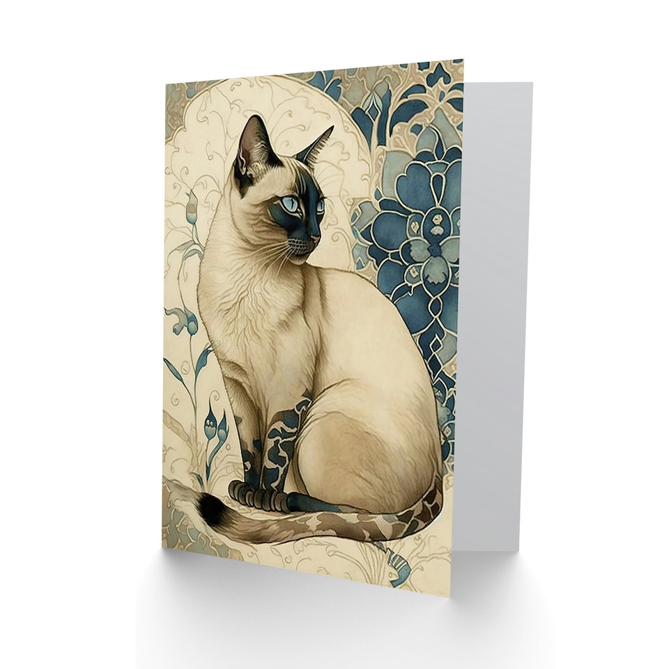 image 1 of Siamese Cat Lover Modern Art Nouveau Flower Design Greeting Card