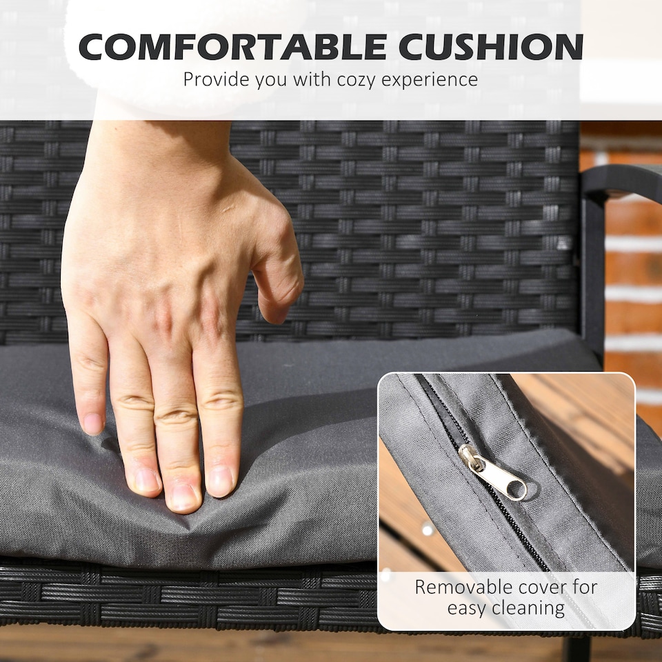 image 1 of Outsunny 4 Seater Rattan Dining Set with Cushions, Wood Effect Metal Top Table with Umbrella Hole, PE Rattan Garden Furniture Set, Outdoor Dining Table and Chairs for Patio, Balcony, Lawn, Black