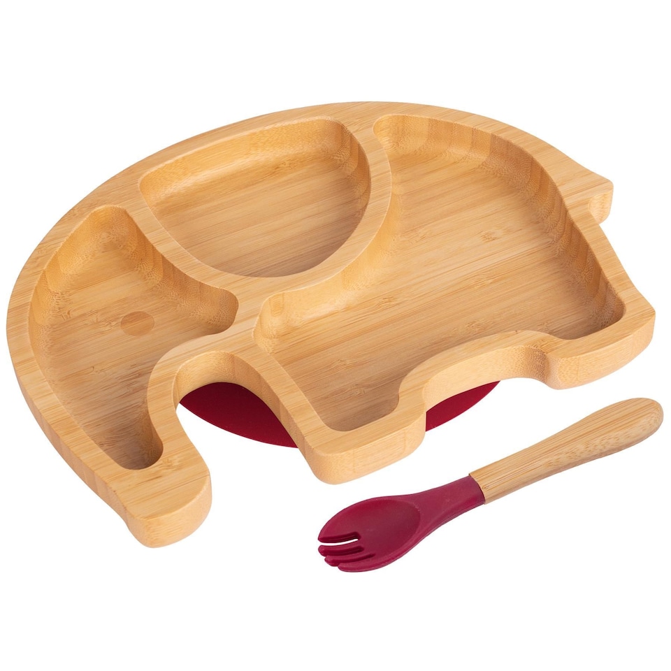 image 1 of Tiny Dining Bamboo Elephant Baby Weaning Plate & Fork Set - Red
