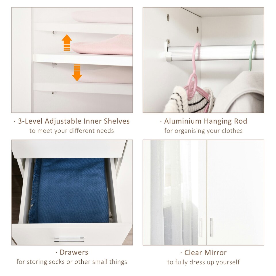 image 1 of HOMCOM 2-Door Wardrobe w/ Adjustable Shelf 3 Drawers for Bedroom, 180cm, White