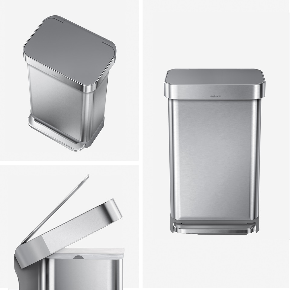 image 1 of Simplehuman 45L Rectangular Kitchen Pedal Bin with Liner Pocket, Brushed Stainless Steel with Grey Plastic Lid