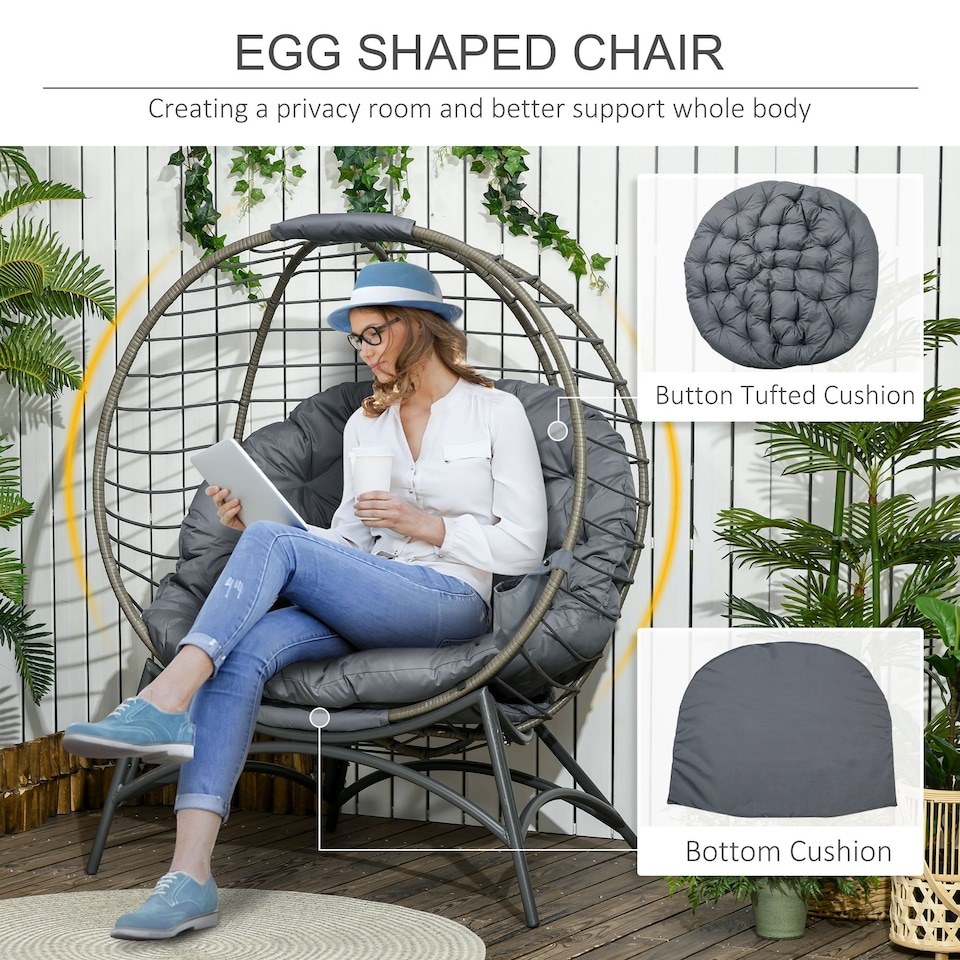 image 1 of Outsunny Folding Rattan Egg Chair, Freestanding Basket Chair with Cushion, Bottle Holder Bag for Outdoor or Indoor, Grey