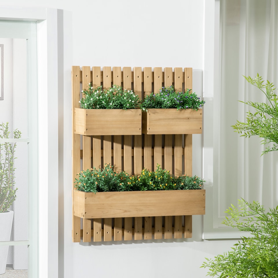 image 1 of Outsunny Wooden Garden Planters with Trellis Wall-mounted Raised Garden Bed