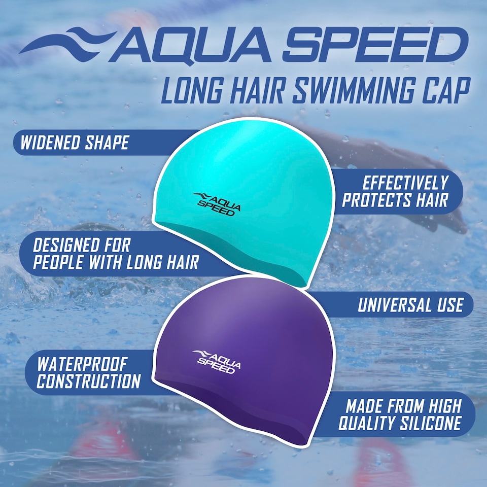 image 1 of Ladies Long Hair Swimming Cap | Extra Space Soft Silicone Comfy Fit Swim Cap | Blue | Blue | One Size | 1
