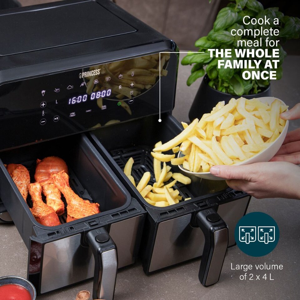 image 1 of Princess Double Basket Air Fryer 182074 - Dual Air Fryer - 9 Litres - 2 Baskets - XL - 8 Programs - 2400W - PFAS-Free - Touchscreen