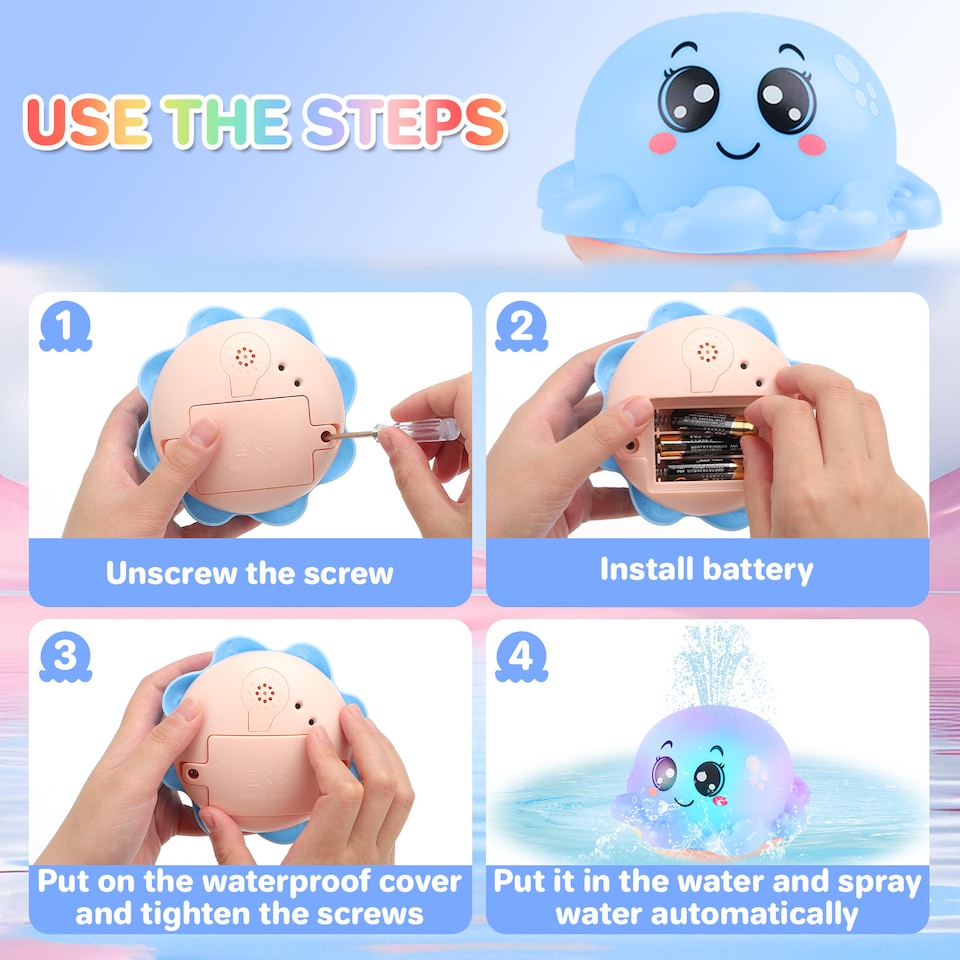 image 1 of Octopus Bath Time Toy for Babies Toddler Light Up Floating Fountain with Spraying Water Multicolour LED Lights (Blue)