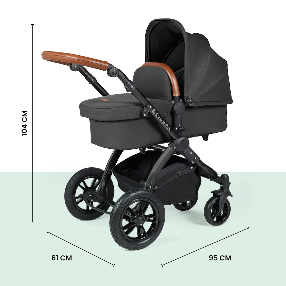 image 1 of Stomp Luxe 2-in-1 Pram – Birth to Approx. 4 Years, Foldable, All-Terrain, Rain Cover, Footmuff, Puncture-Proof Wheels & More (Black/Charcoal Grey/Tan)