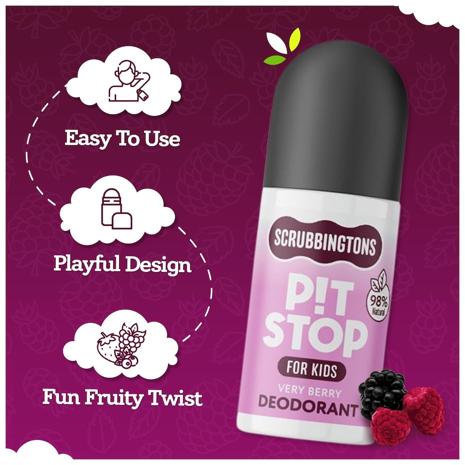 image 1 of Scrubbingtons Pit Stop Kids Deodorant Natural Roll On For Children, Teens Natural Ingredients For Sensitive Skin Paediatrician approved, Aluminium & Alcohol Free, Very Berry 75ml | White | White | 1