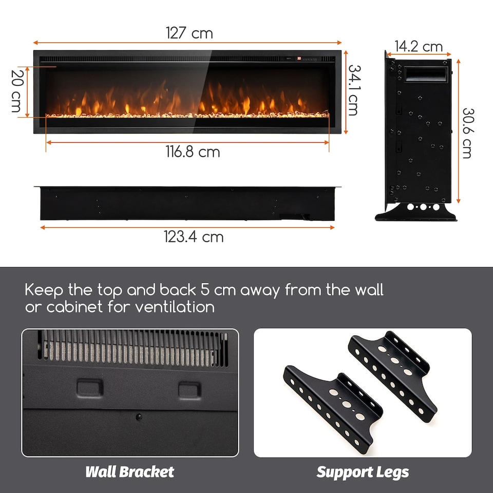 image 1 of COSTWAY 127CM Electric Fireplace Wall Mounted Black