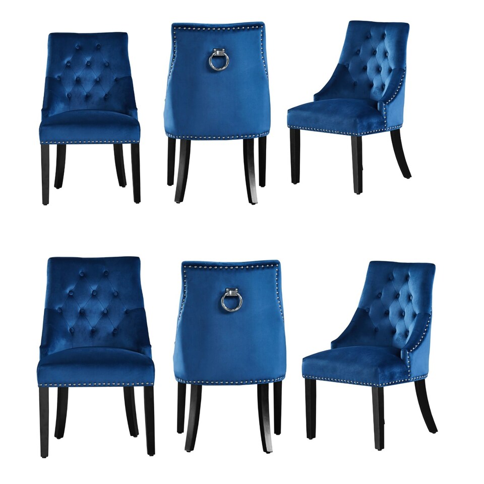 image 1 of Set of 6 Velvet Dining Chairs Ergonomic Scoop Knockerback & Button Tufted Wood Legs Blue