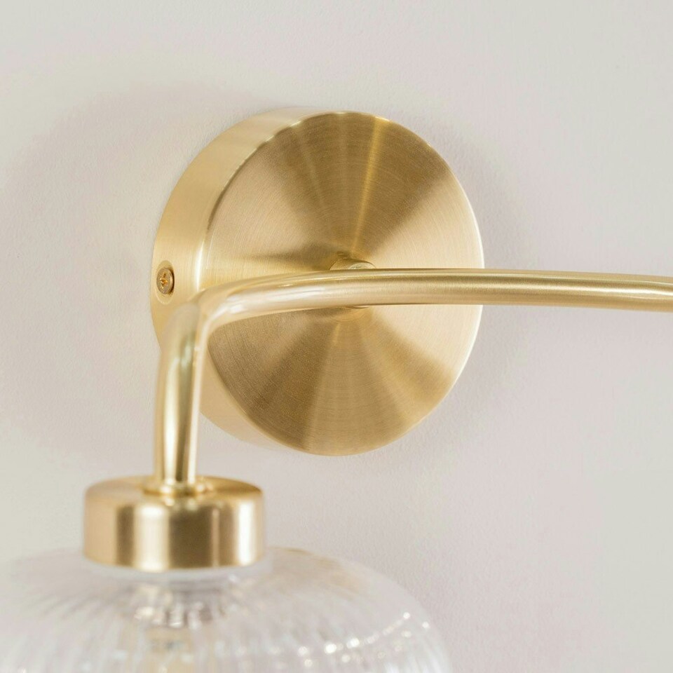 image 1 of ValueLights Amaia Brushed Gold IP44 Rated 2 Way Clear Ribbed Glass Wall Light