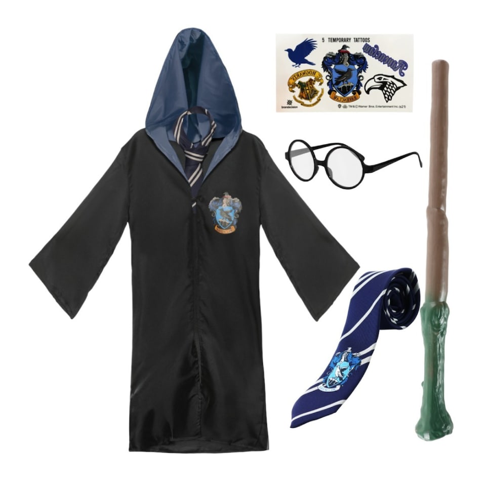 image 1 of Harry Potter Costume - Ravenclaw Cloak, Tie, Tattoos, Glasses & Wand | Multi | M
