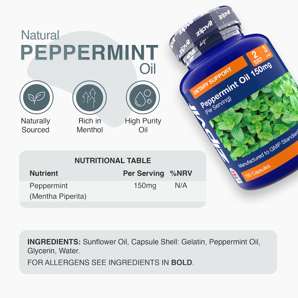 image 1 of Zipvit Peppermint Oil 150mg, High Purity Peppermint Extract, 180 Softgels, 2-Month Supply