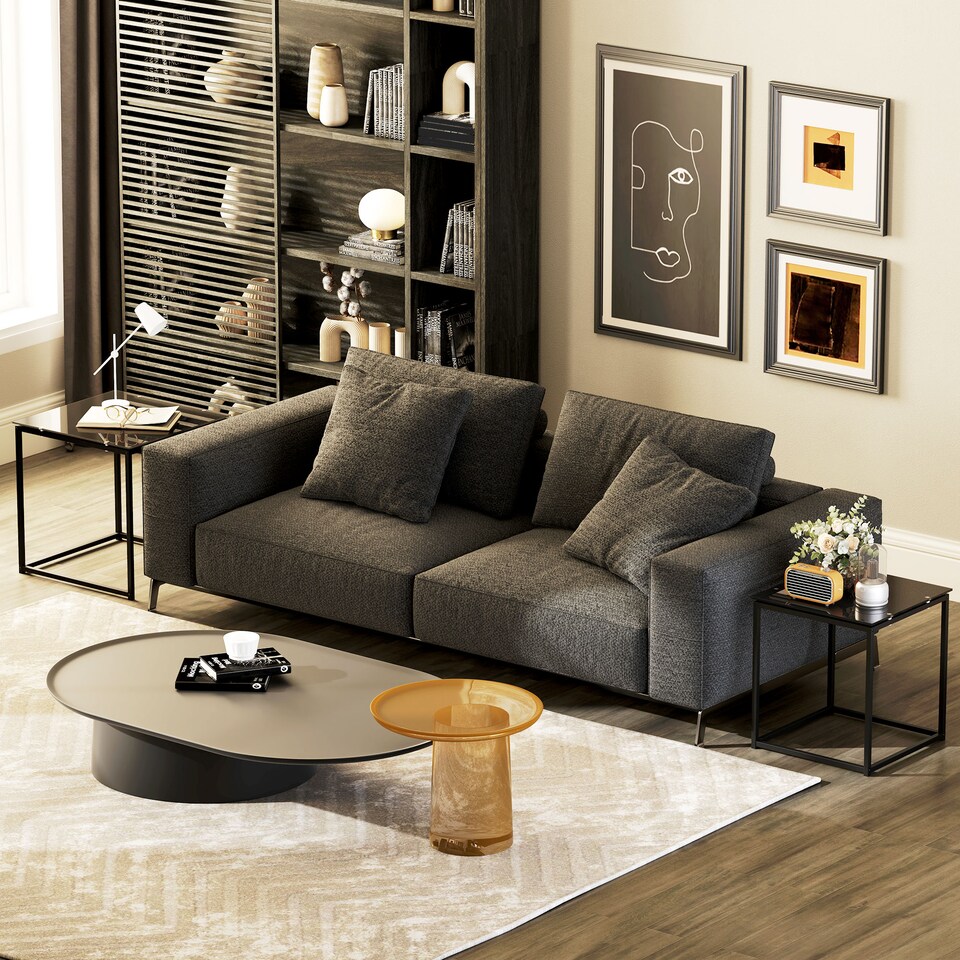 image 1 of HOMCOM Nest of Tables, Set of 2 Coffee Table, Side Tables with Tempered Glass Desktop and Metal Frame for Living Room, Bedroom, Office, Black | Black