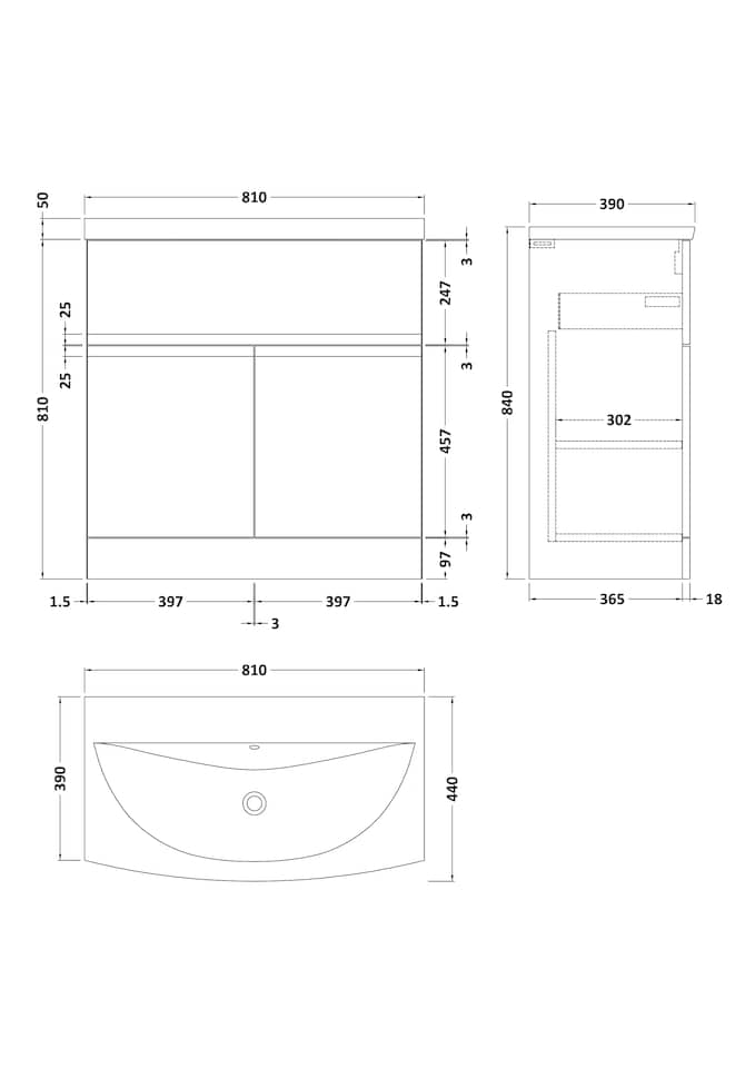 image 1 of Balterley Mavesyn Contemporary 2 Door 1 Drawer Floor Standing Vanity Unit with Curved Basin, Dark Blue, 800mm