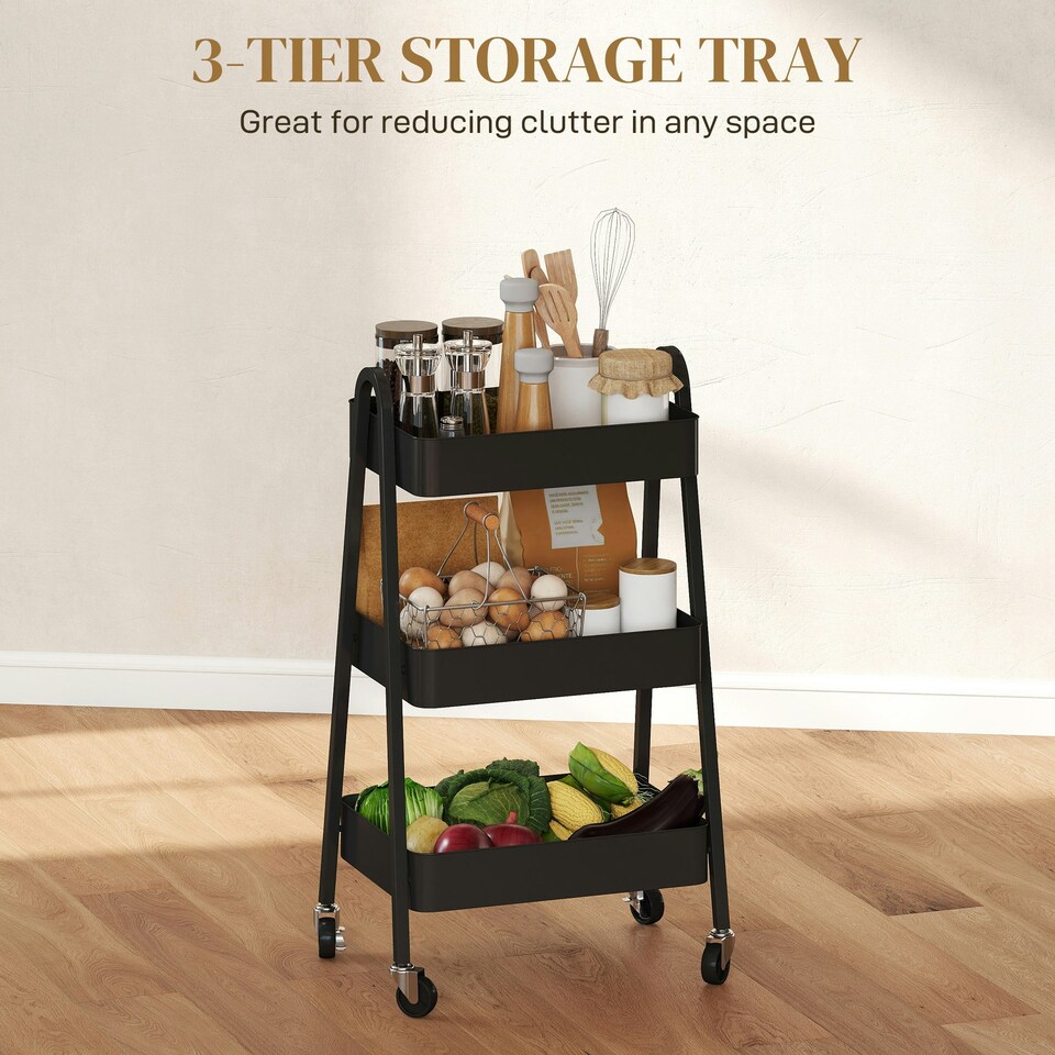 image 1 of HOMCOM 3-Tier Rolling Utility Cart Kitchen Storage Trolley on Wheels Black