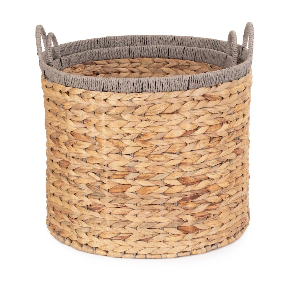 image 1 of Set of 2 Round Water Hyacinth Basket With Grey Rope Border | Brown | Brown | Not provided
