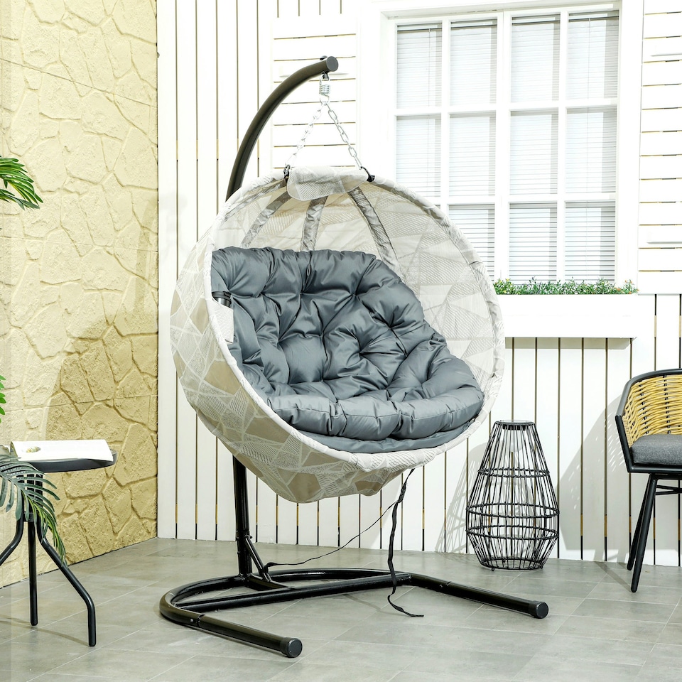 image 1 of Outsunny Hanging Egg Chair Outdoor Indoor Swing Chair, Folding Basket, Khaki